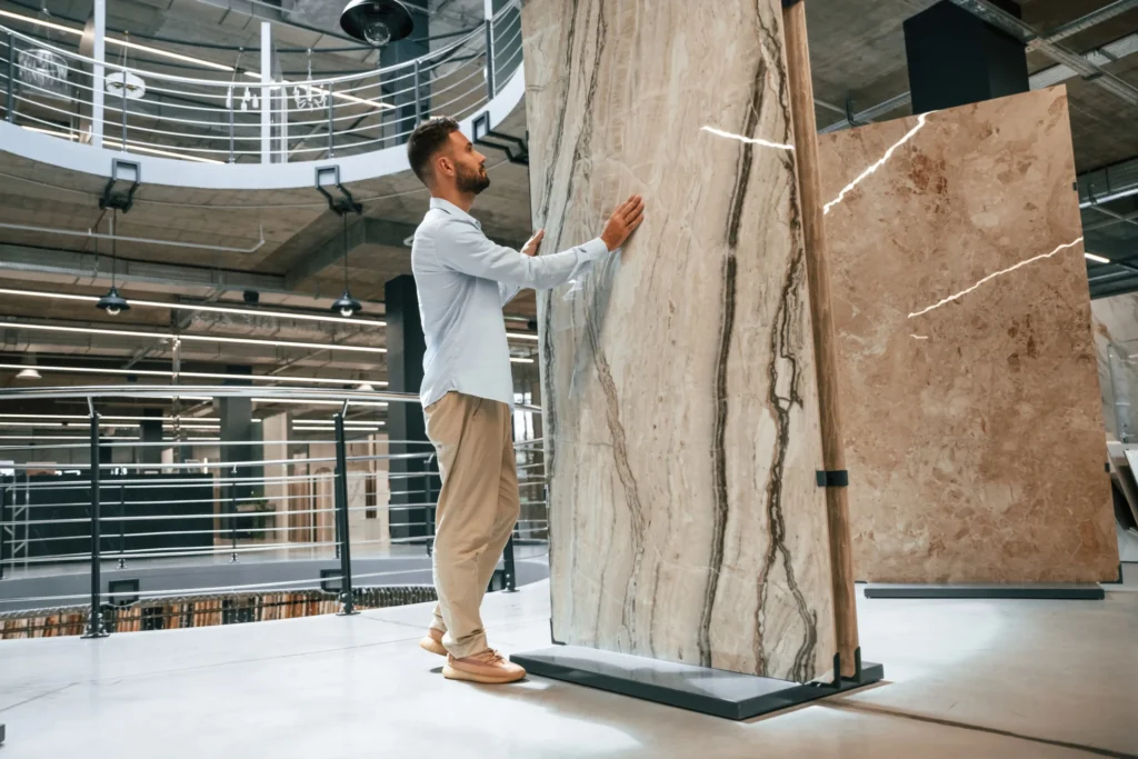 Man inspecting a large natural stone slab at a showroom, highlighting granite’s unique texture and durability