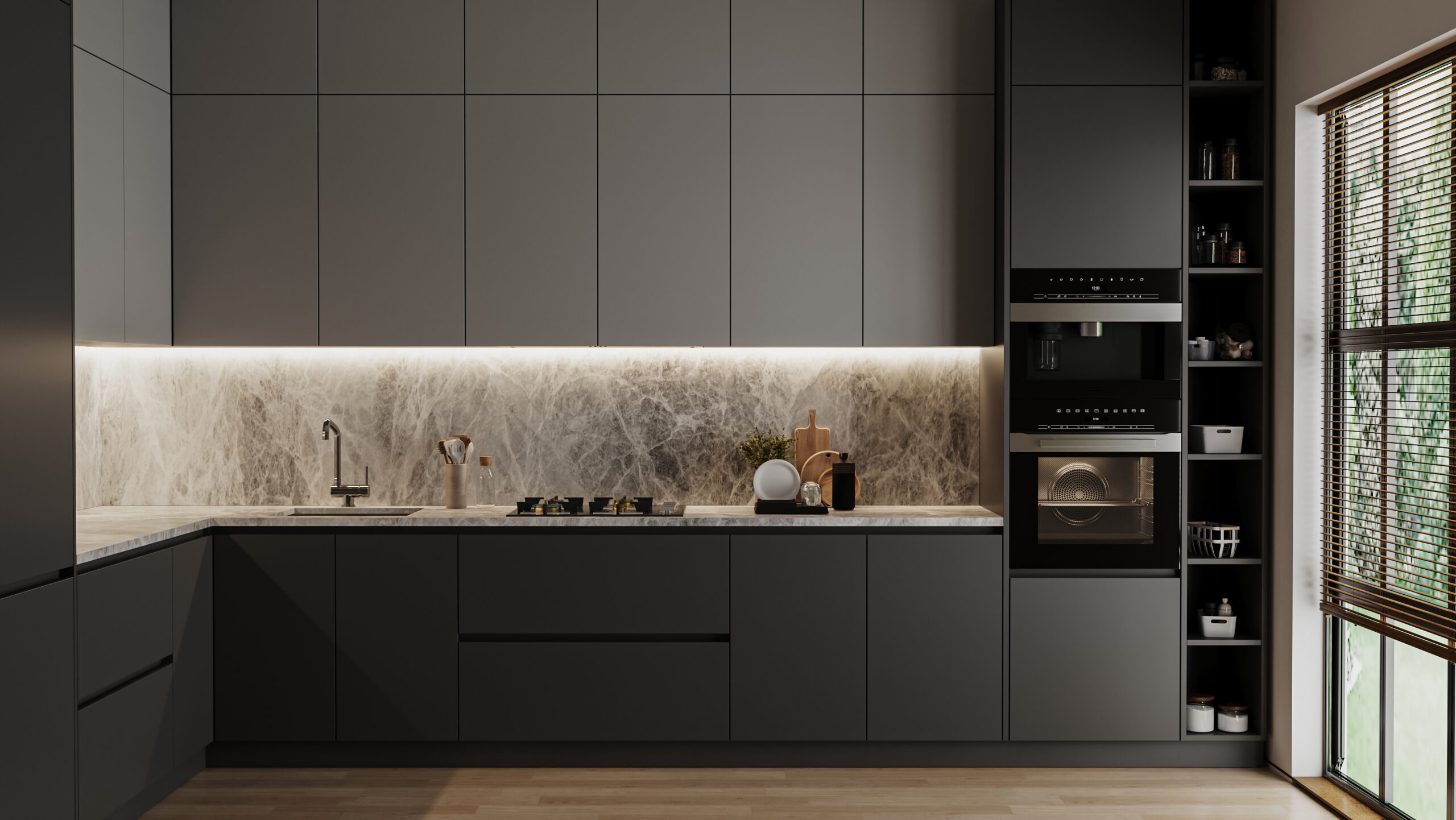 Maximizing Style And Functionality For Small Spaces With Gray Kitchen   Modern Dark Grey Kitchen Interior 3d Rendering 2022 04 21 13 51 35 Utc Scaled 