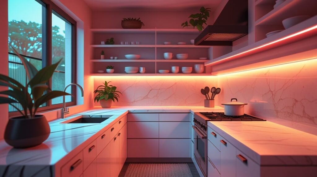 Modern kitchen with elegant marble countertops and under-cabinet ambient lighting