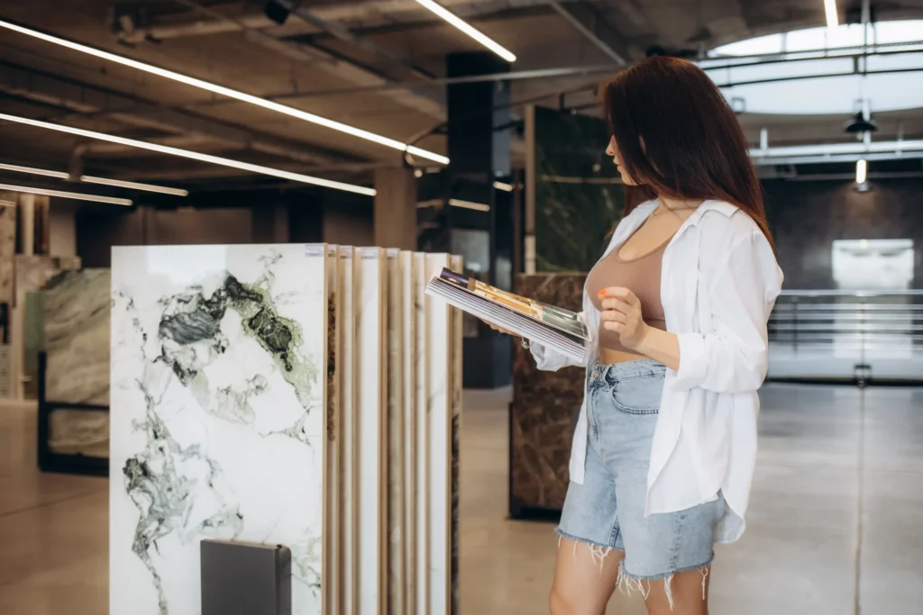 Woman selecting granite slabs in a showroom while holding a catalog
