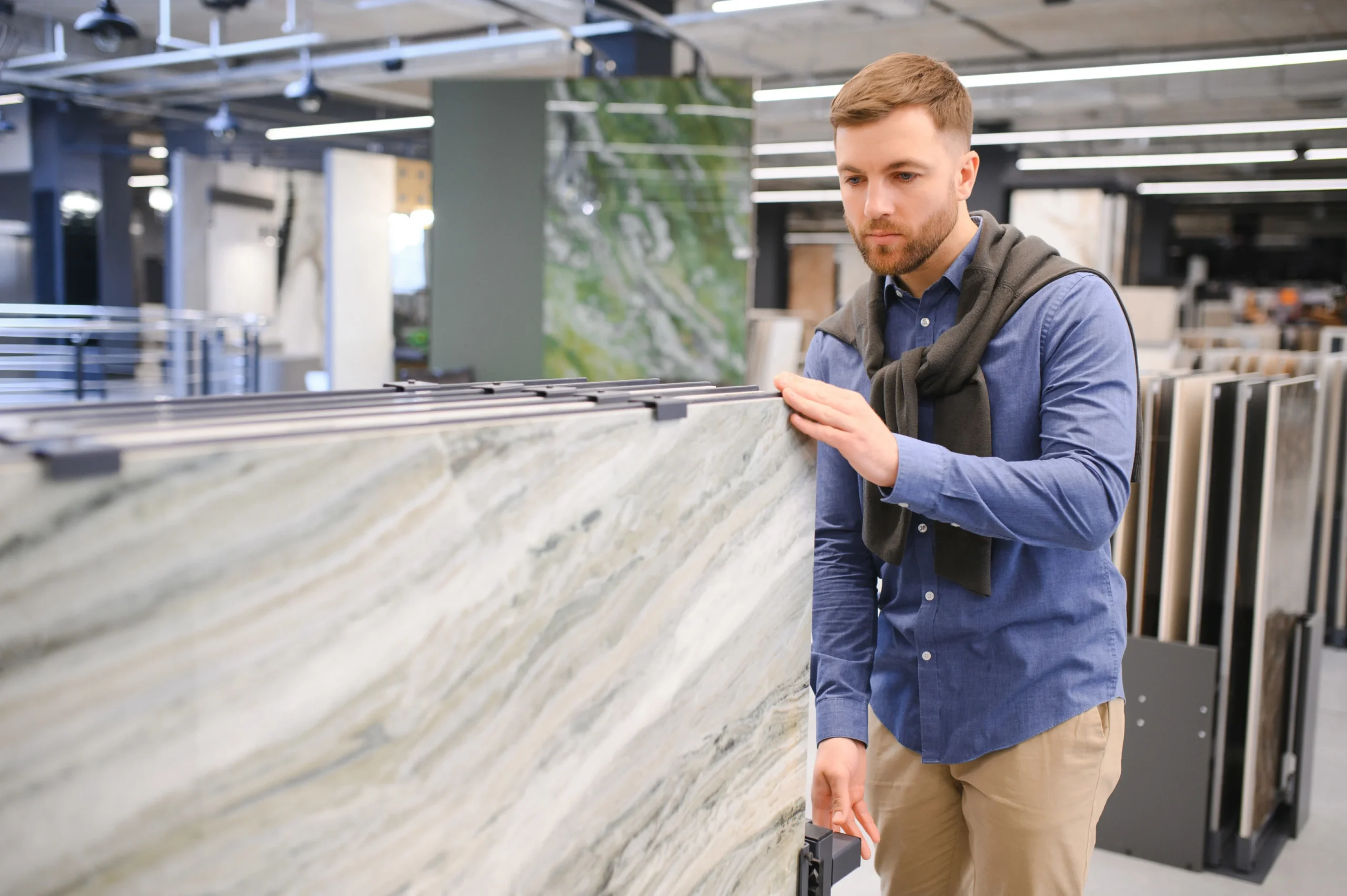 Man examining a large granite slab in a modern showroom