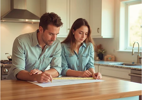 Man and woman reviewing kitchen blueprint with measuring tape at wooden island