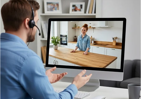 Man wearing headset on video call with woman in modern kitchen displayed on monitor