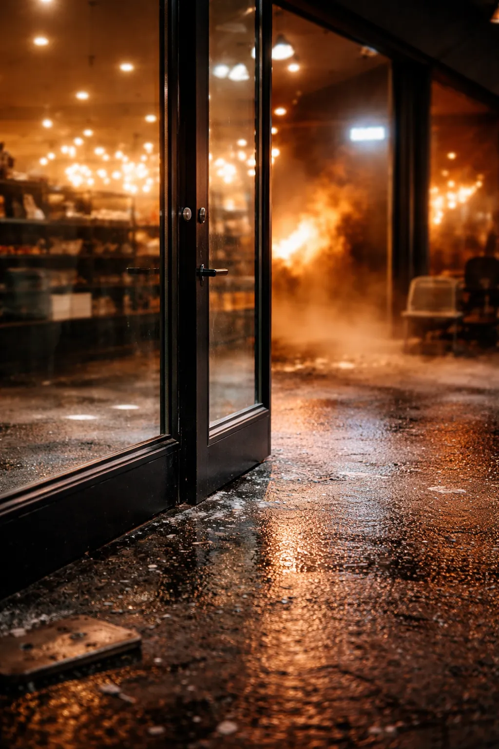 Store entrance with fire and smoke visible through glass doors at night, shattered glass on ground