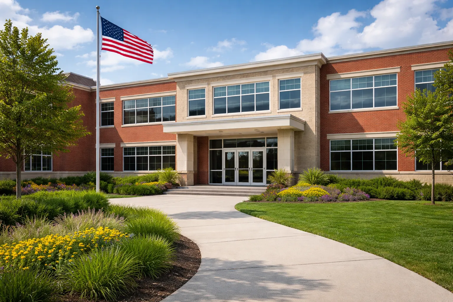 Brick school building exterior with American flag and manicured front lawn
