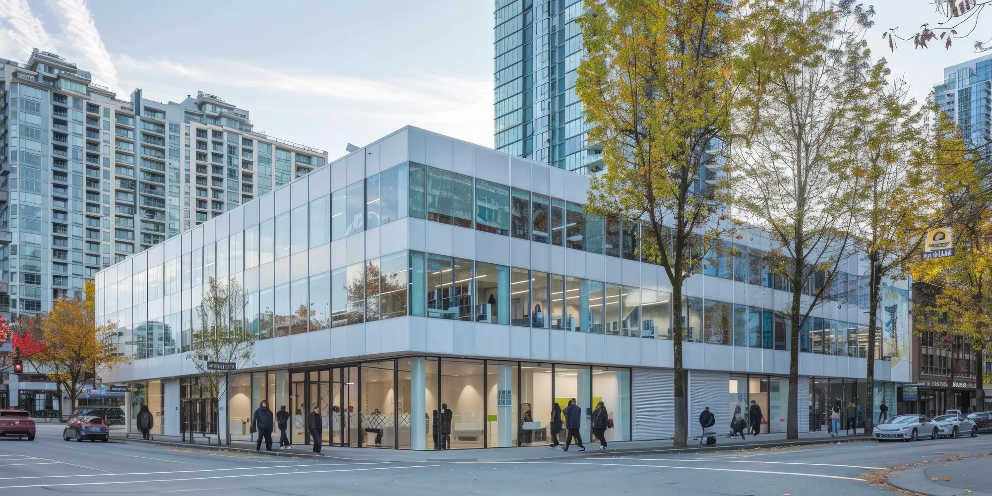 Modern two-story glass and steel commercial building on a city street corner