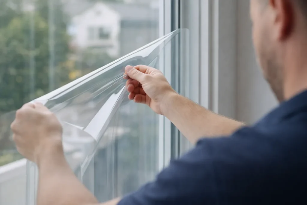 Man applying protective window film to a residential window