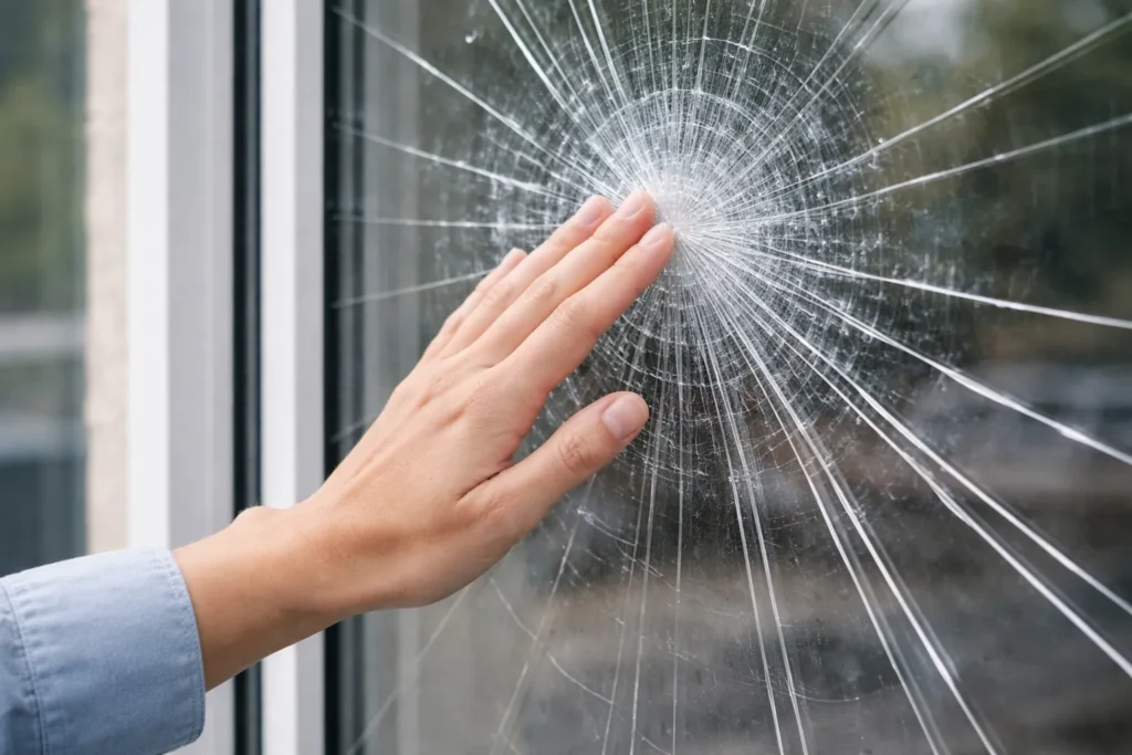 Hand touching a spider-crack pattern on a broken glass window