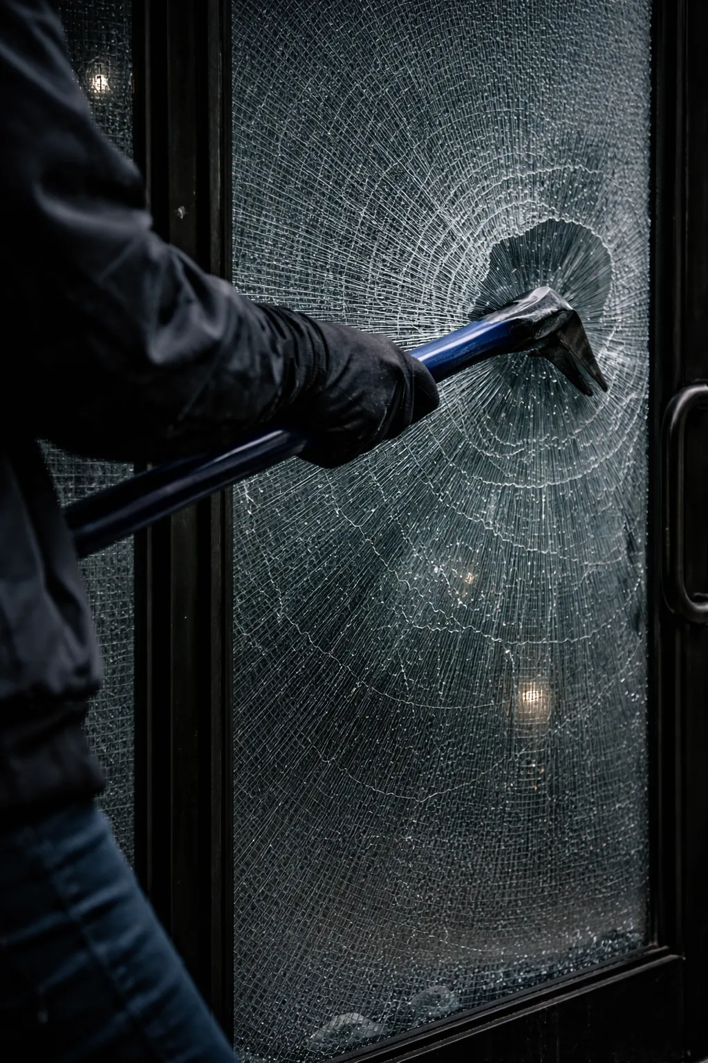 Burglar smashing a glass door panel with a crowbar at night