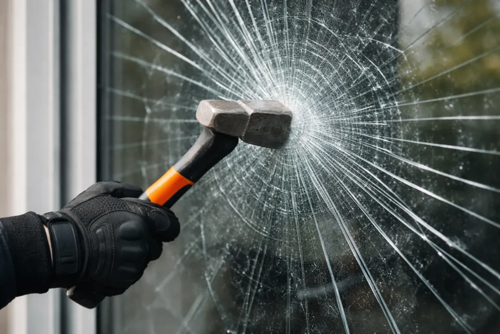 Gloved hand pressing hammer into a spider-cracked window