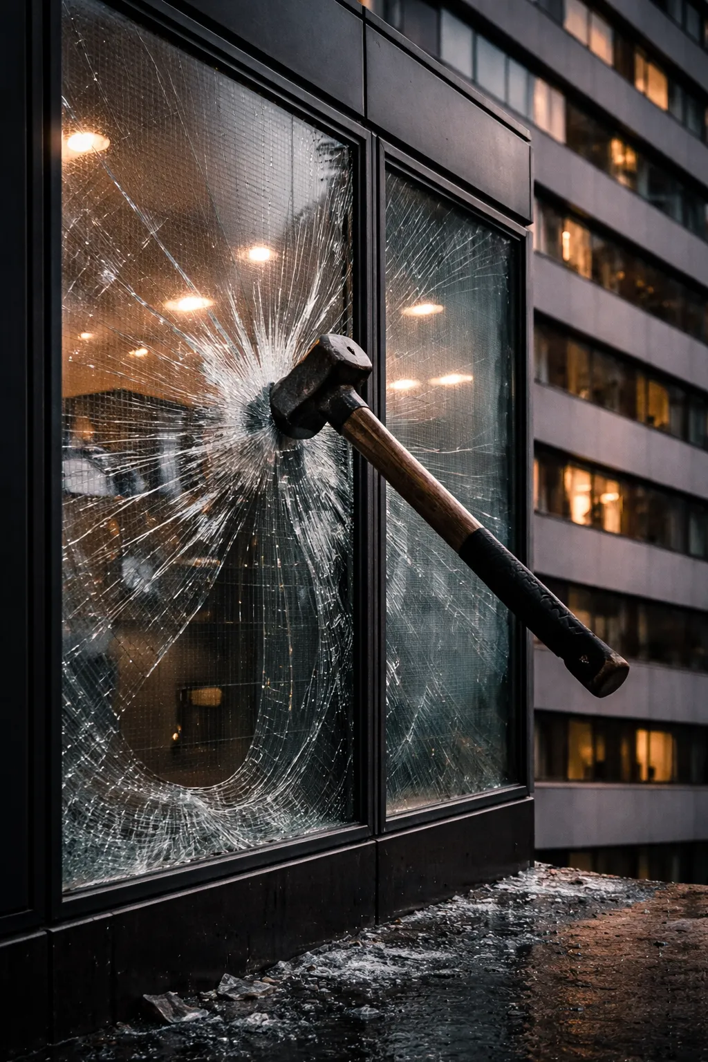 Hammer lodged in shattered large commercial glass panel