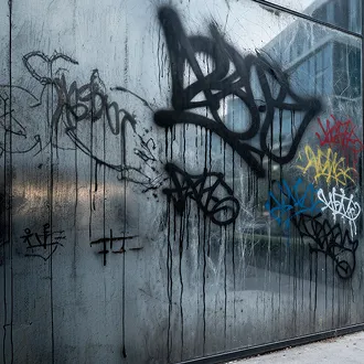 Image 1: Graffiti tags in black, red, yellow, and blue spray paint covering a metal wall