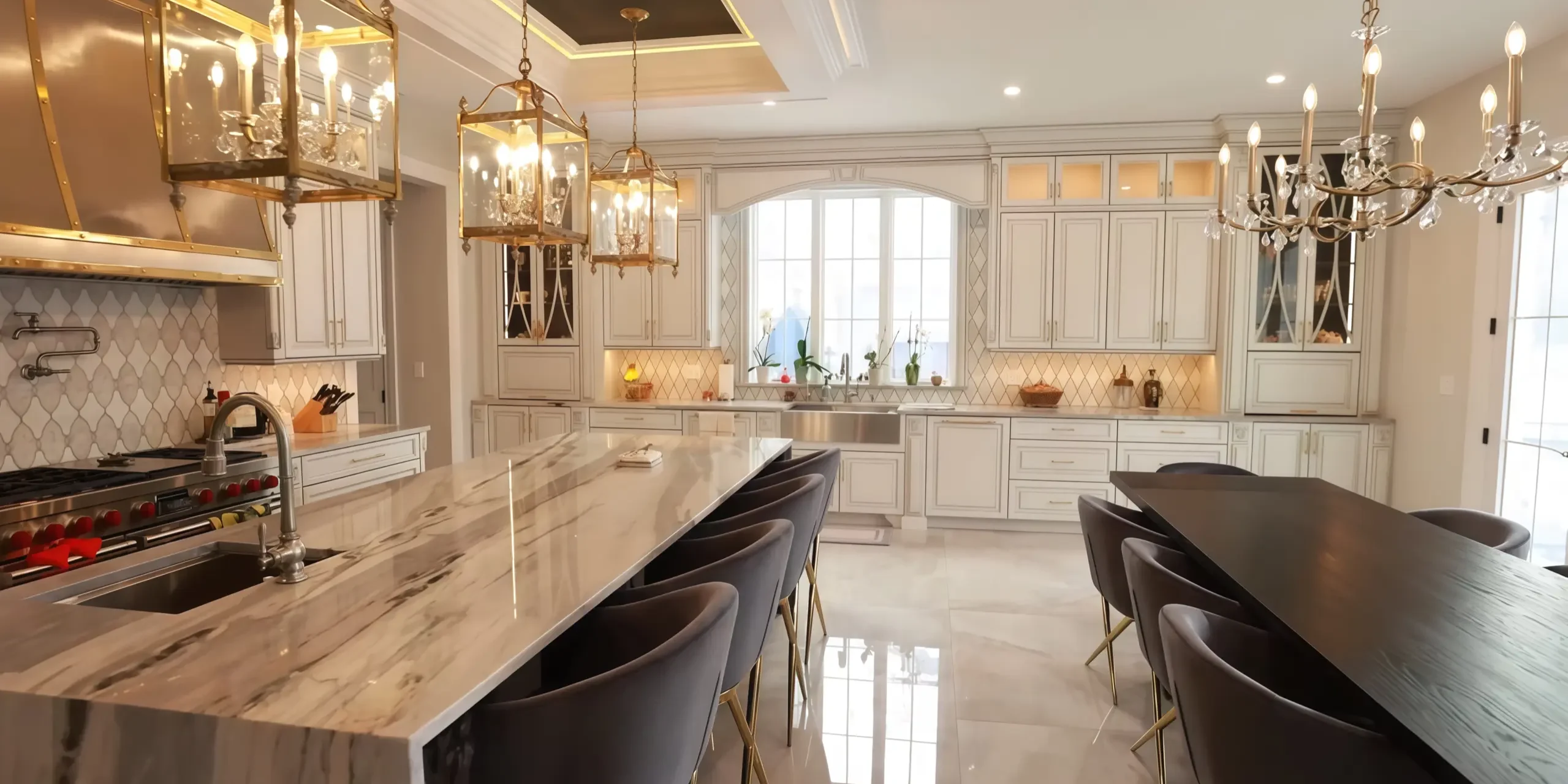 luxury kitchen design with marble island and gold lighting fixtures